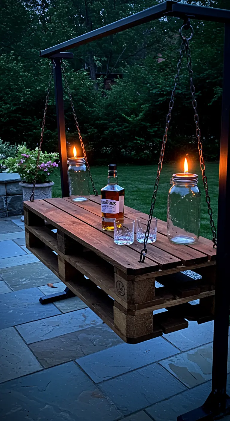 A pallet bar hangs from a black metal swing frame on a stone patio, holding two jar oil lamps.