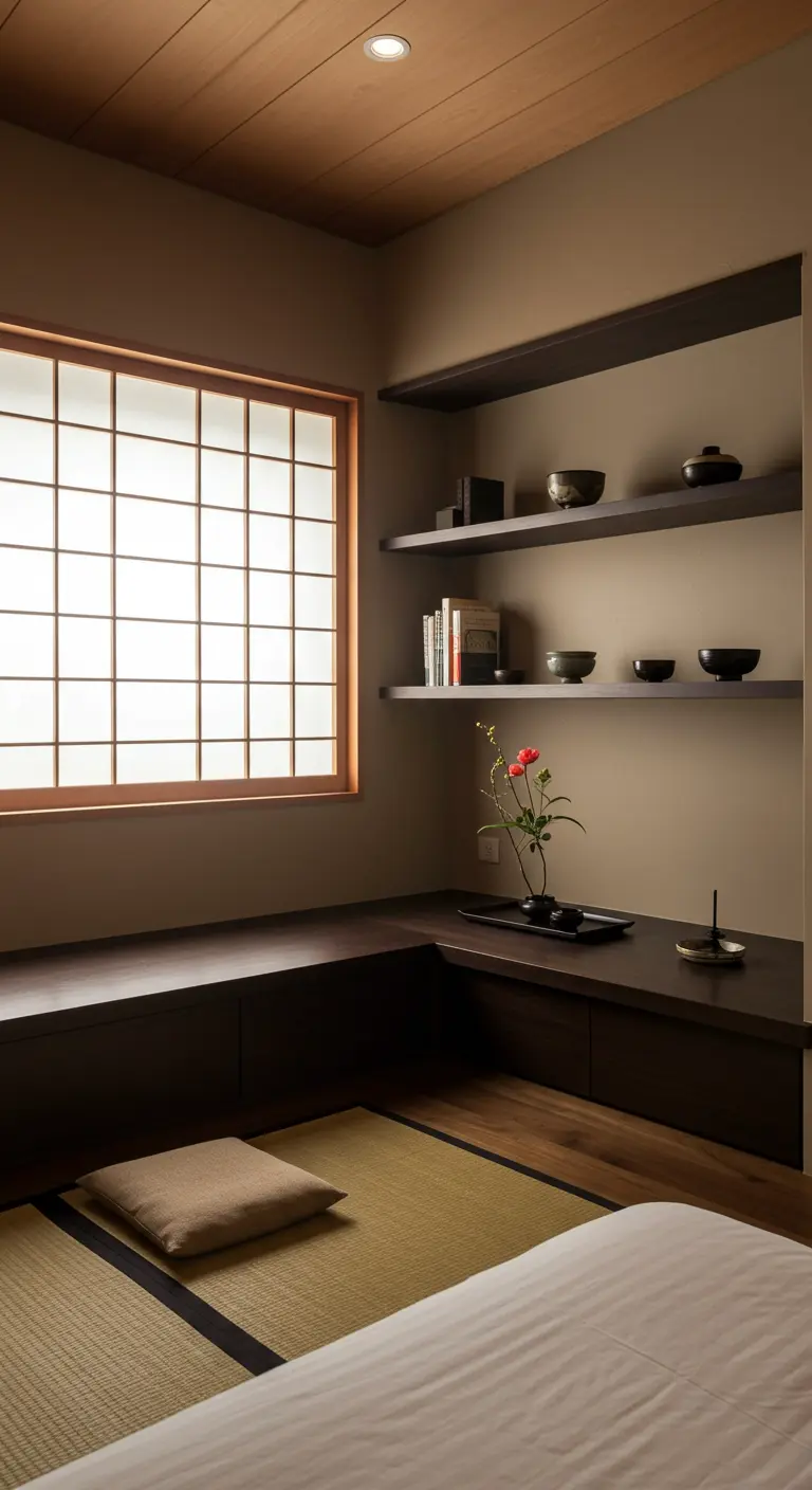 A Japanese-inspired reading nook with dark wood, a tatami mat, and a shoji screen window.
