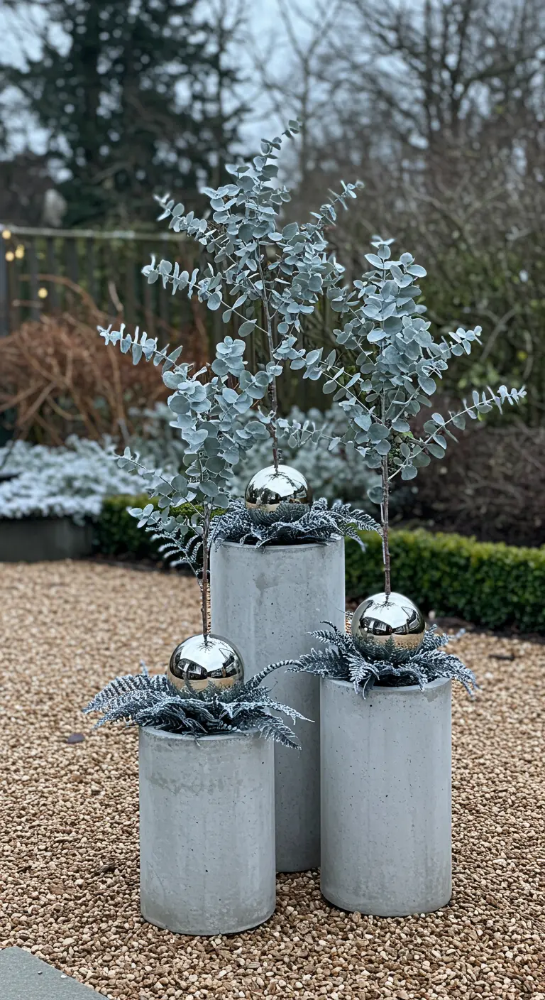 Three concrete pillar planters with eucalyptus and large silver baubles.