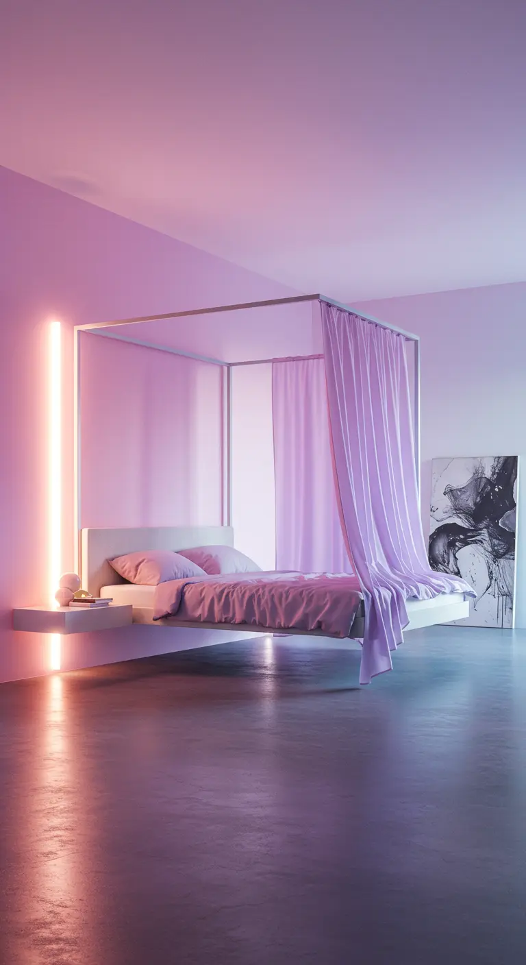 Modern bedroom with pink and purple LED lighting and a floating canopy bed.