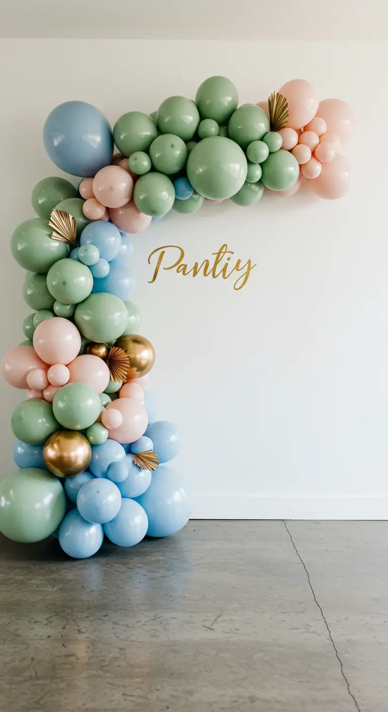 Balloon arch in sage green, dusty blue, pink, and gold.