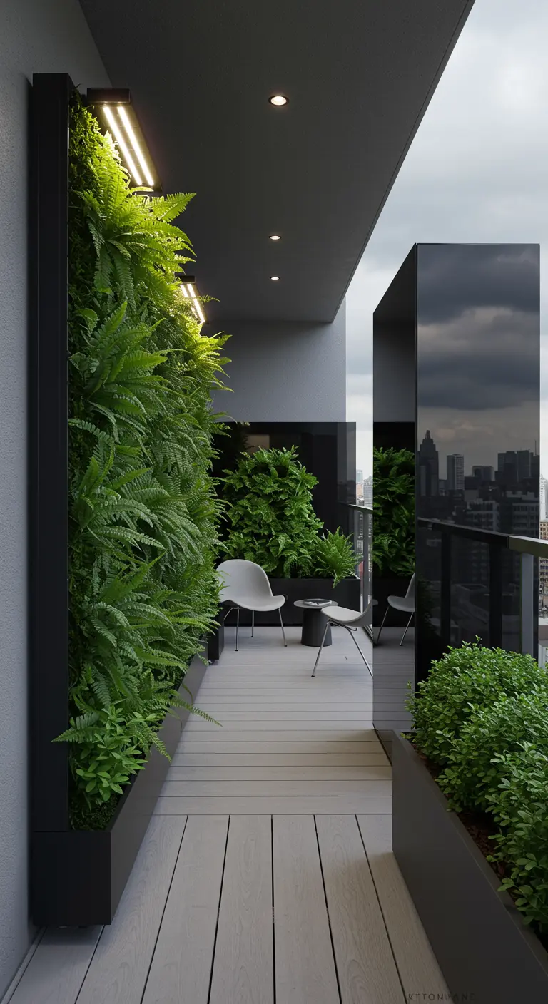 A modern balcony with a black reflective panel mirroring the cityscape and a green wall.