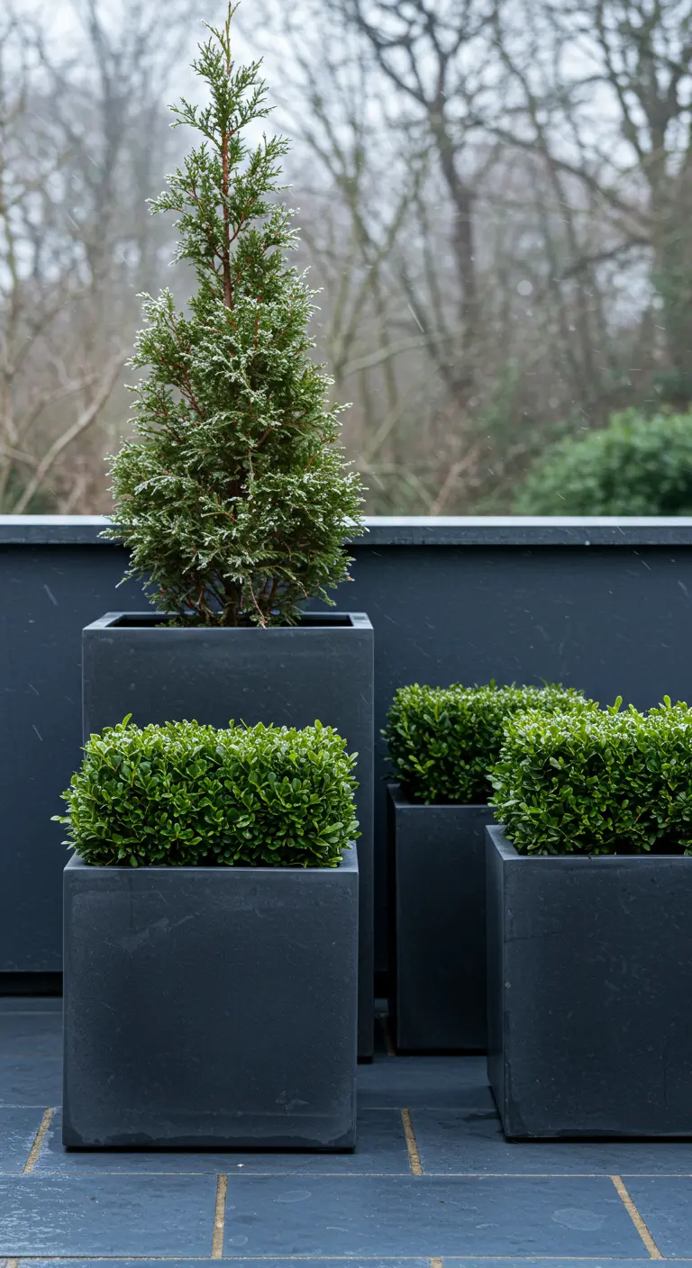 Sleek black cube planters with juniper and boxwood on a modern slate patio.