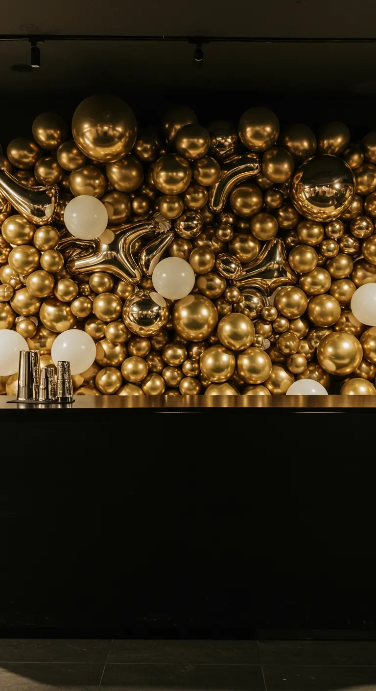 A dense wall of gold balloons with a few white balloons and gold mylar starbursts.