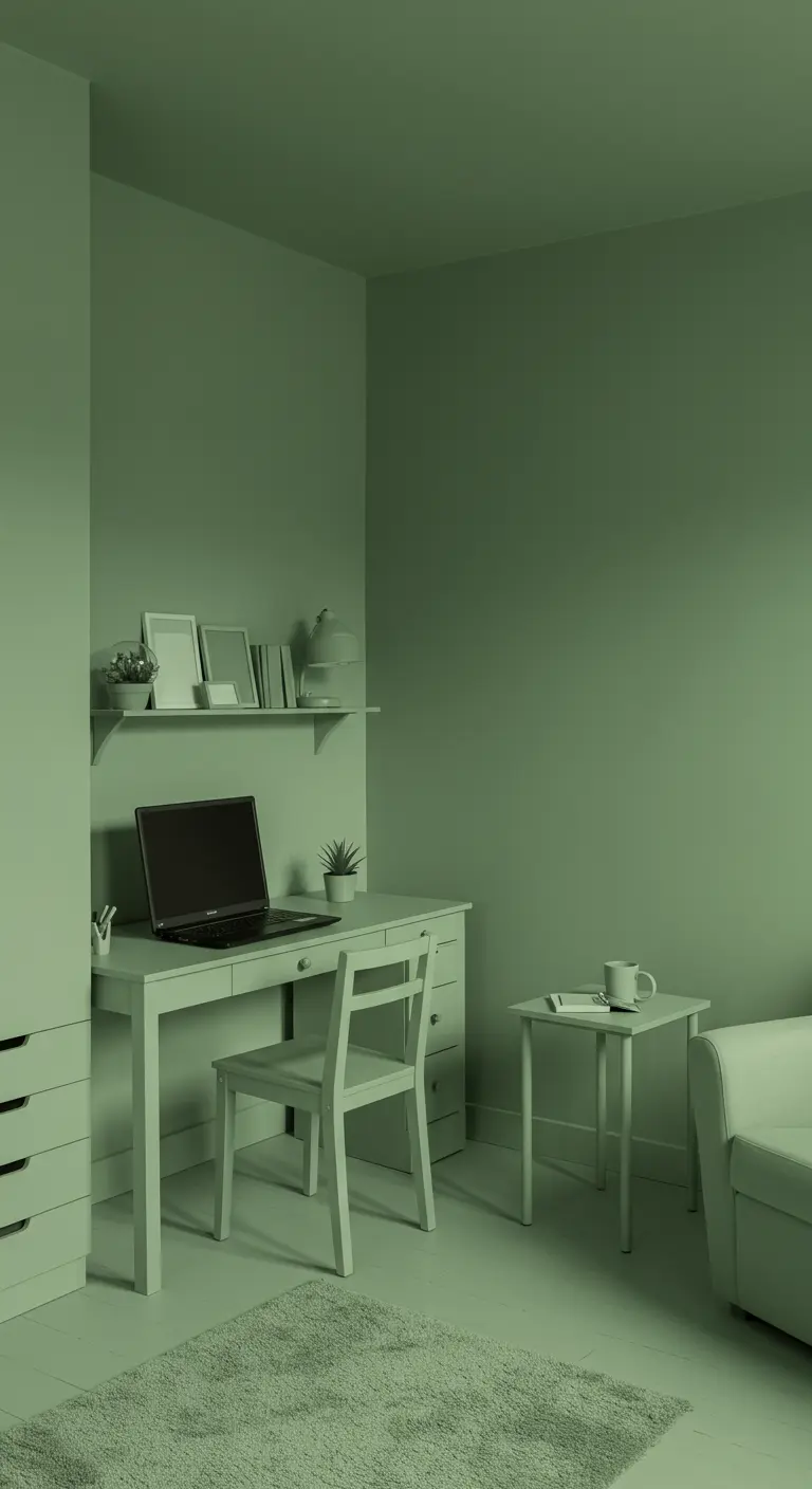 A room where the walls, desk, chair, and shelving are all painted in the same shade of sage green.