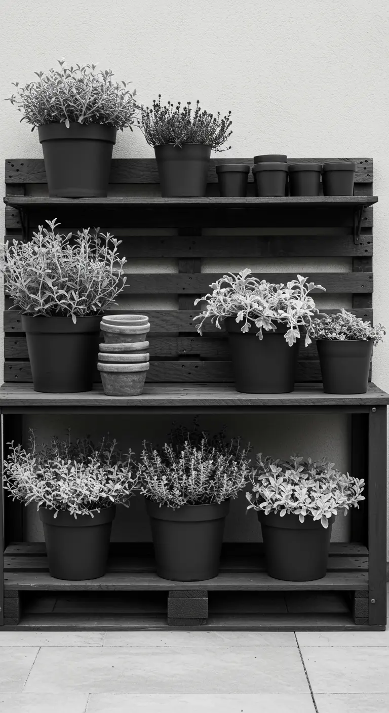 A black-painted potting bench holding black pots with silvery-leafed plants for a monochrome effect.
