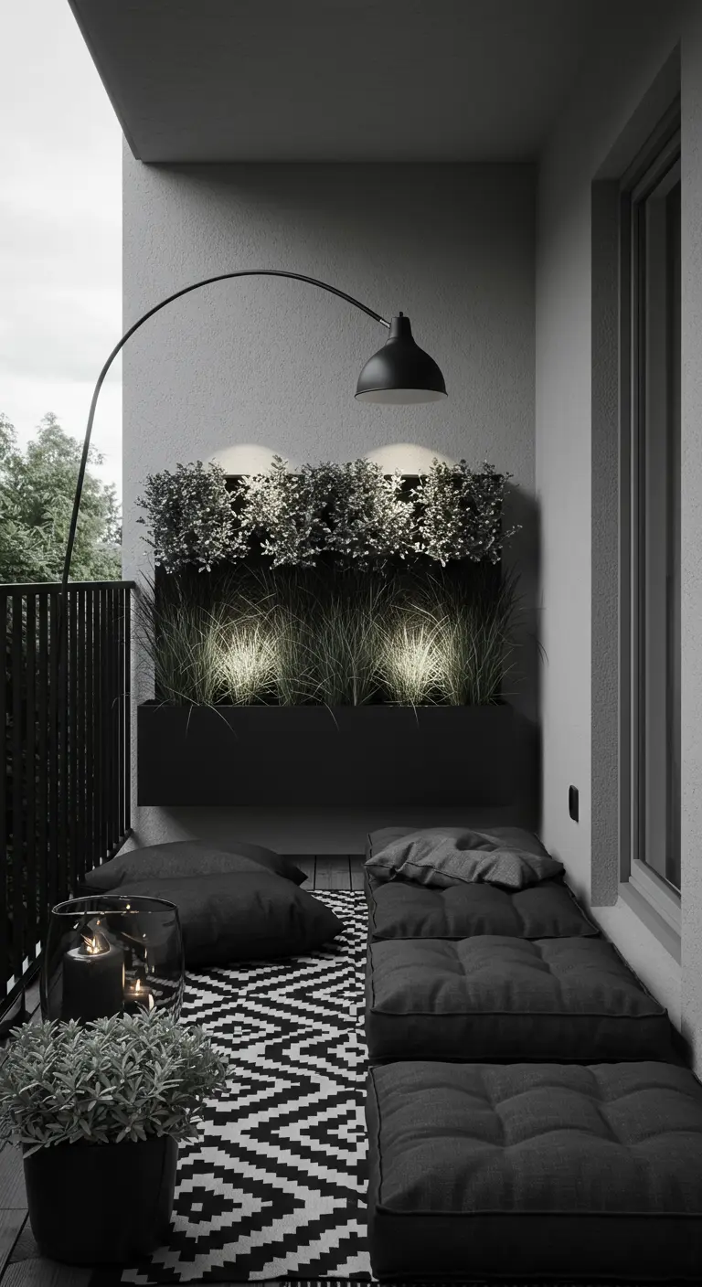 A modern monochrome balcony with a geometric rug, dark cushions, and a large black arc lamp.