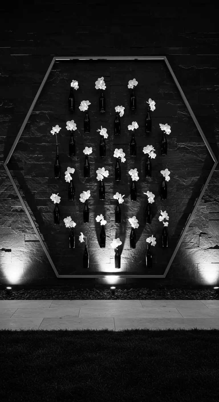 A hexagonal frame on a black wall with black bottles holding white orchids.