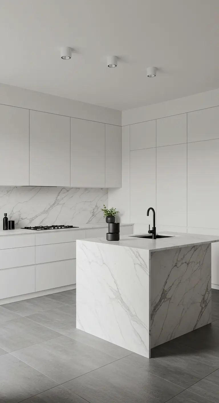 A minimalist white kitchen with a white marble waterfall island and matte black faucet.