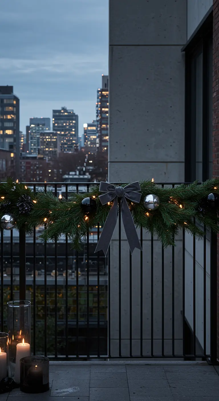 Modern city balcony railing with a garland, gray velvet bow, and black and silver baubles.