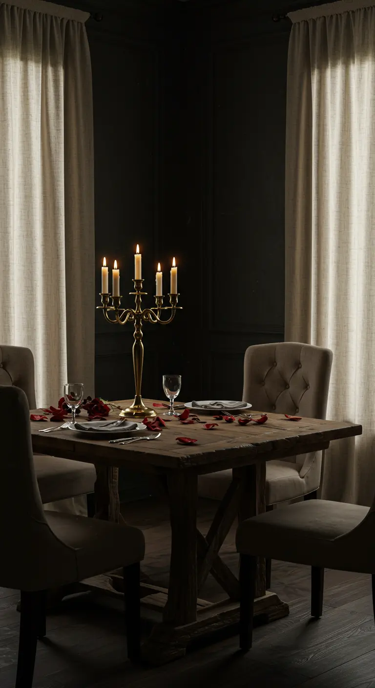 A candlelit dining table for two set with a brass candelabra and rose petals.