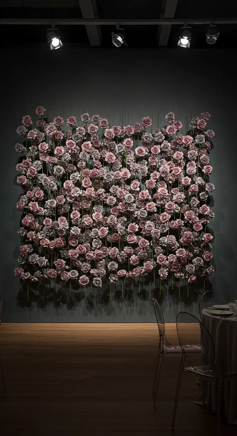 Dozens of individual pink roses hanging by threads to form a wall against a dark background.