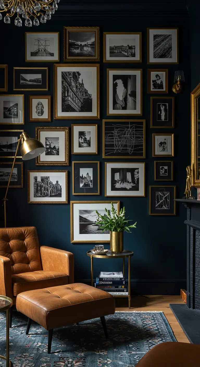 A gallery wall with gold frames against a dark navy wall in a moody living room.
