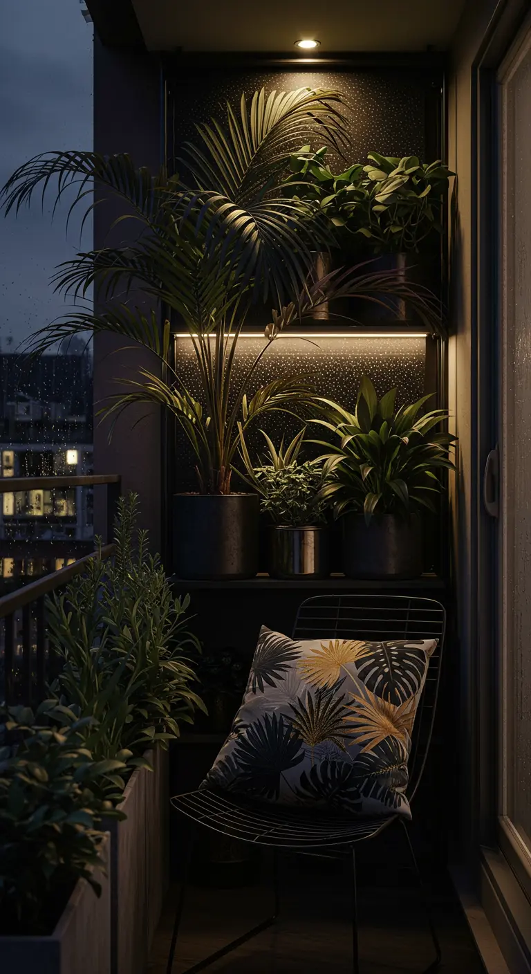 Dark balcony corner at night, illuminated by soft LED strip lighting under shelves.