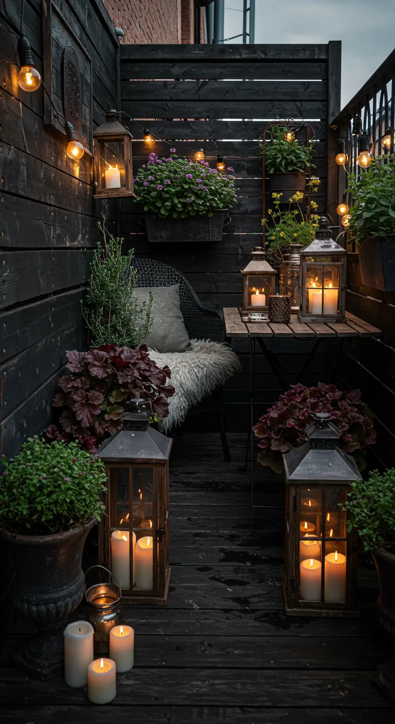 A dark, moody balcony with black walls, numerous lanterns, and deep purple foliage.