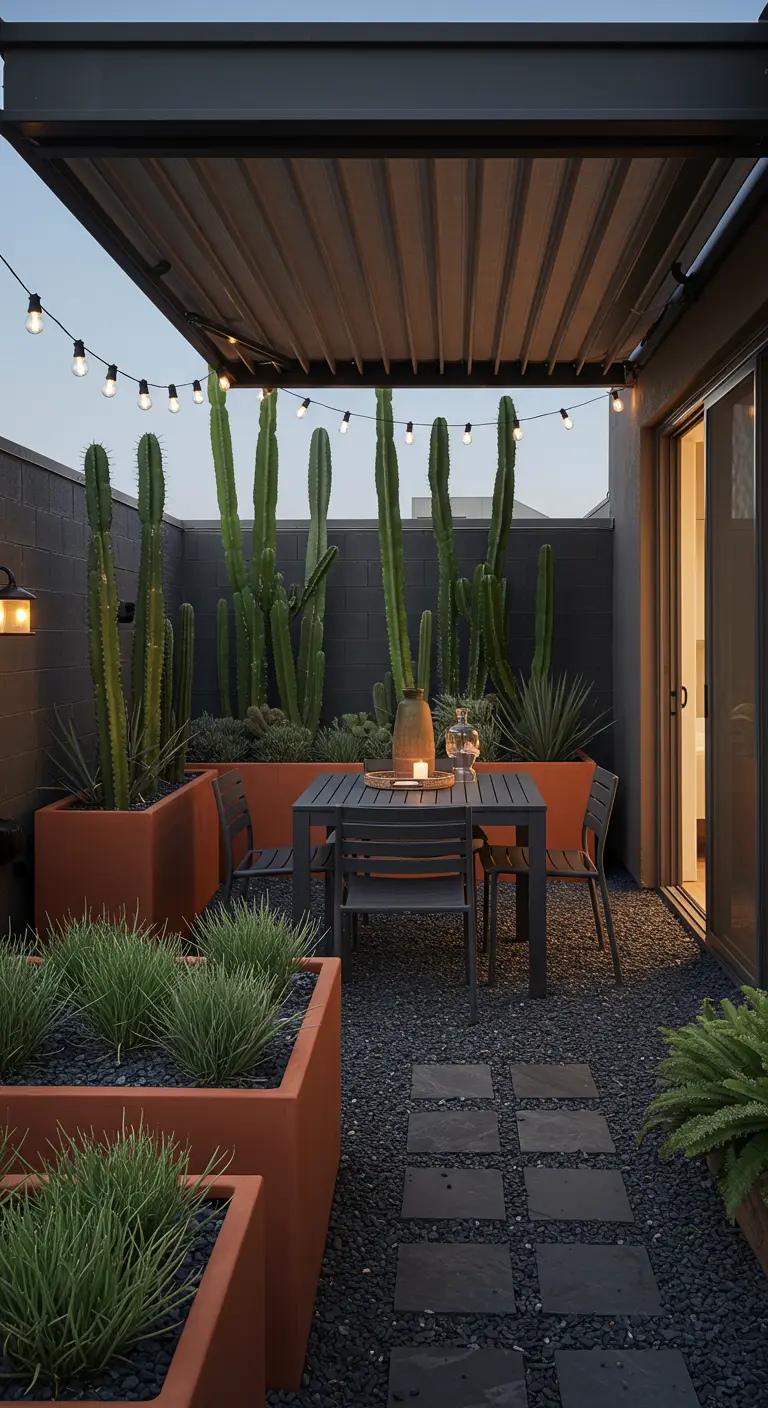 A modern, dark-walled patio with tall cacti, rust-colored planters, and a dining set.