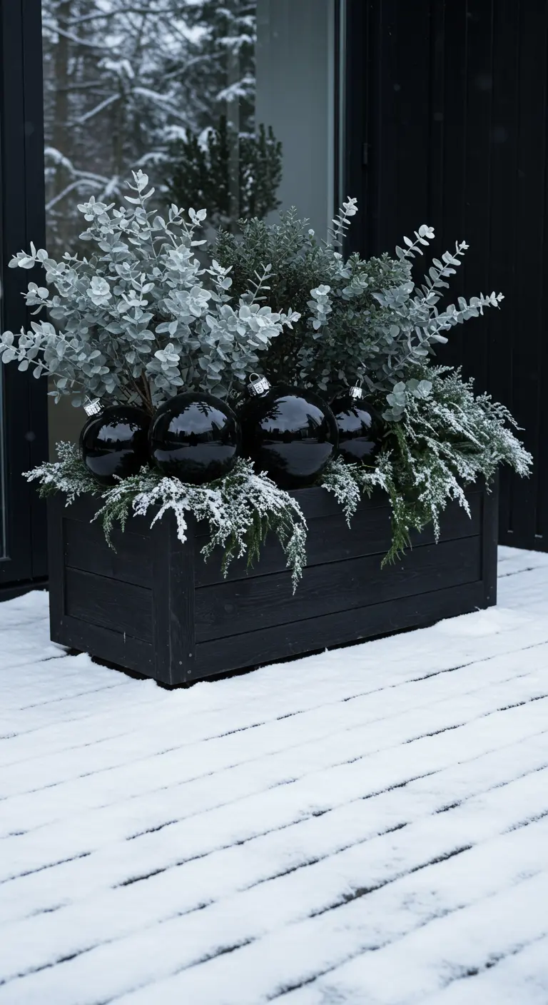A black planter box in the snow with eucalyptus and glossy black baubles.