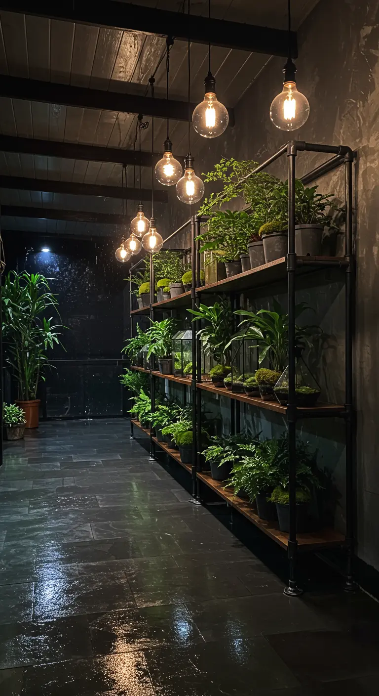Dark, moody patio with a large black pipe shelving unit full of green plants, with light reflecting on wet slate floor.