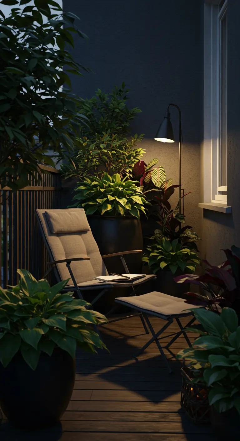 A cozy reading chair on a dark balcony, surrounded by plants and lit by a floor lamp.