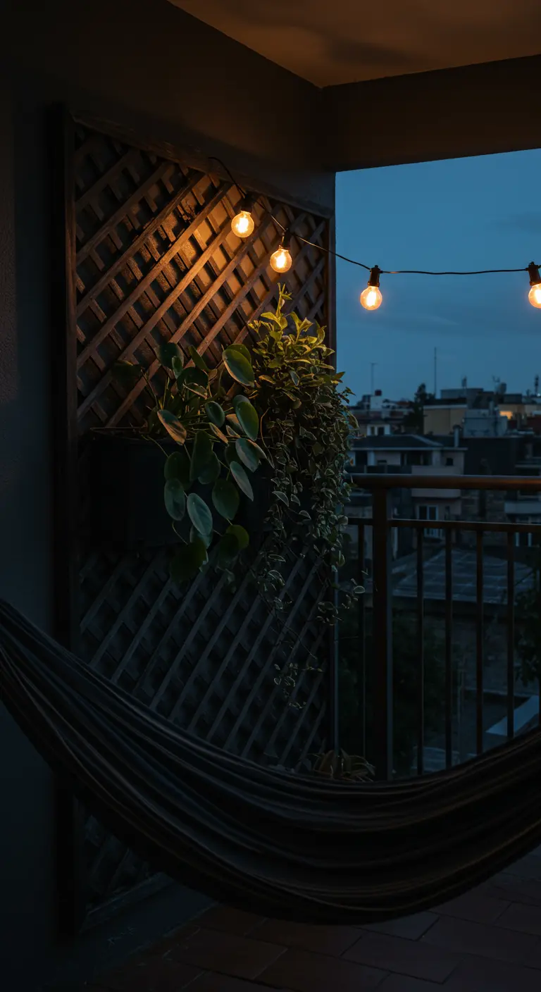 A dark balcony at night with a wooden trellis, a single plant, and soft lighting.