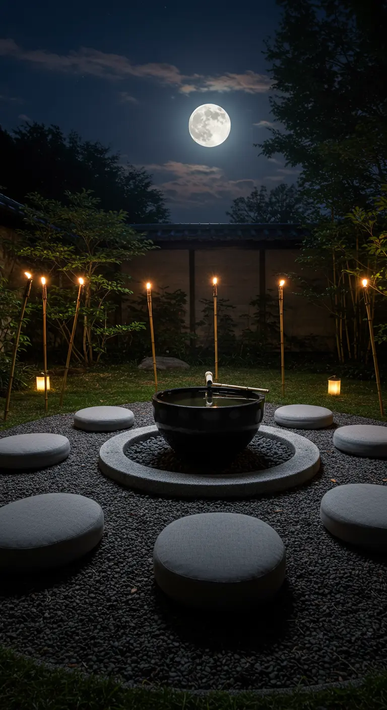 Round floor cushions on dark gravel around a water basin, lit by torches under a full moon.