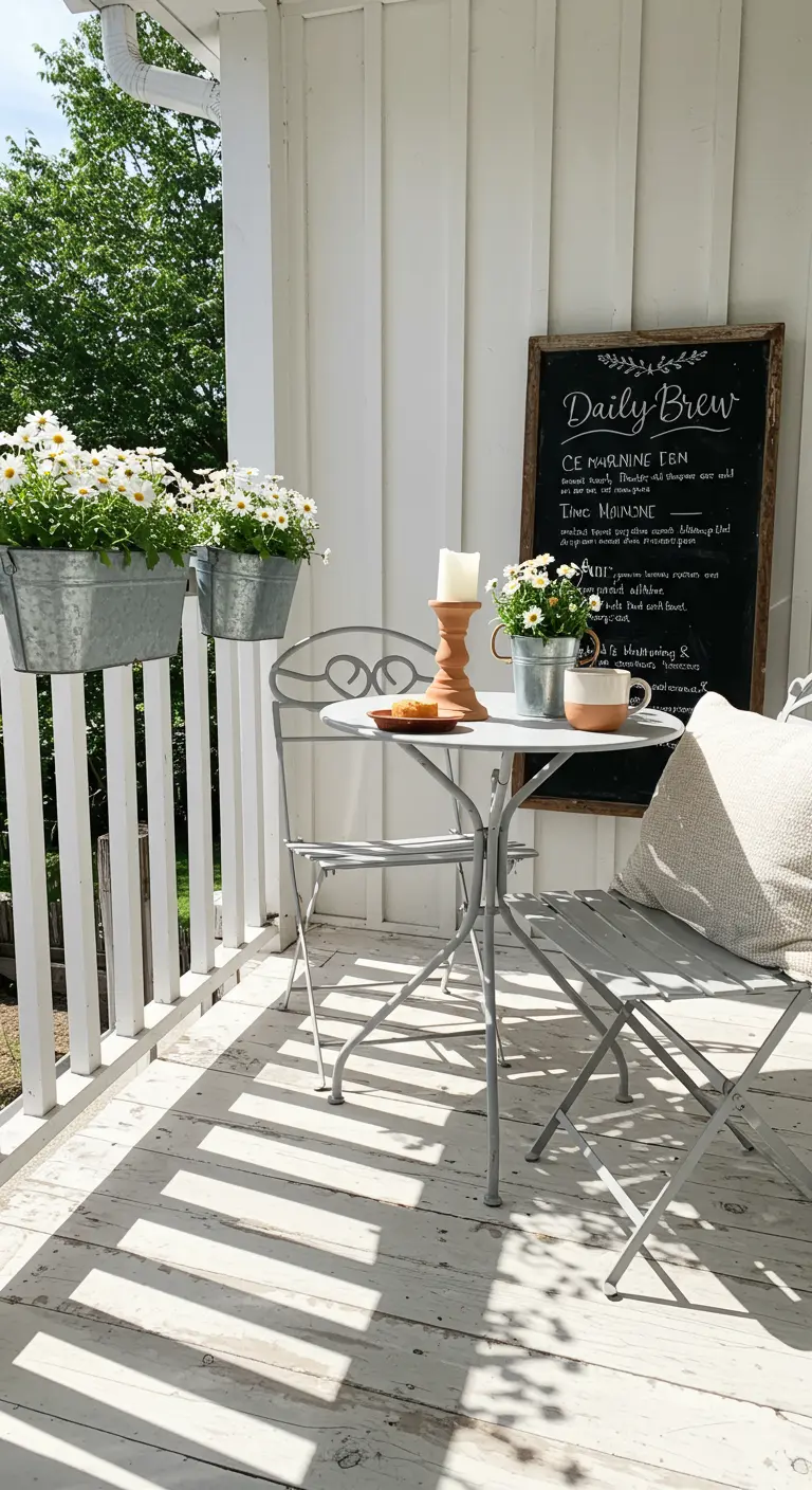 A bright white balcony with a small bistro set, chalkboard menu, and daisies in galvanized buckets.
