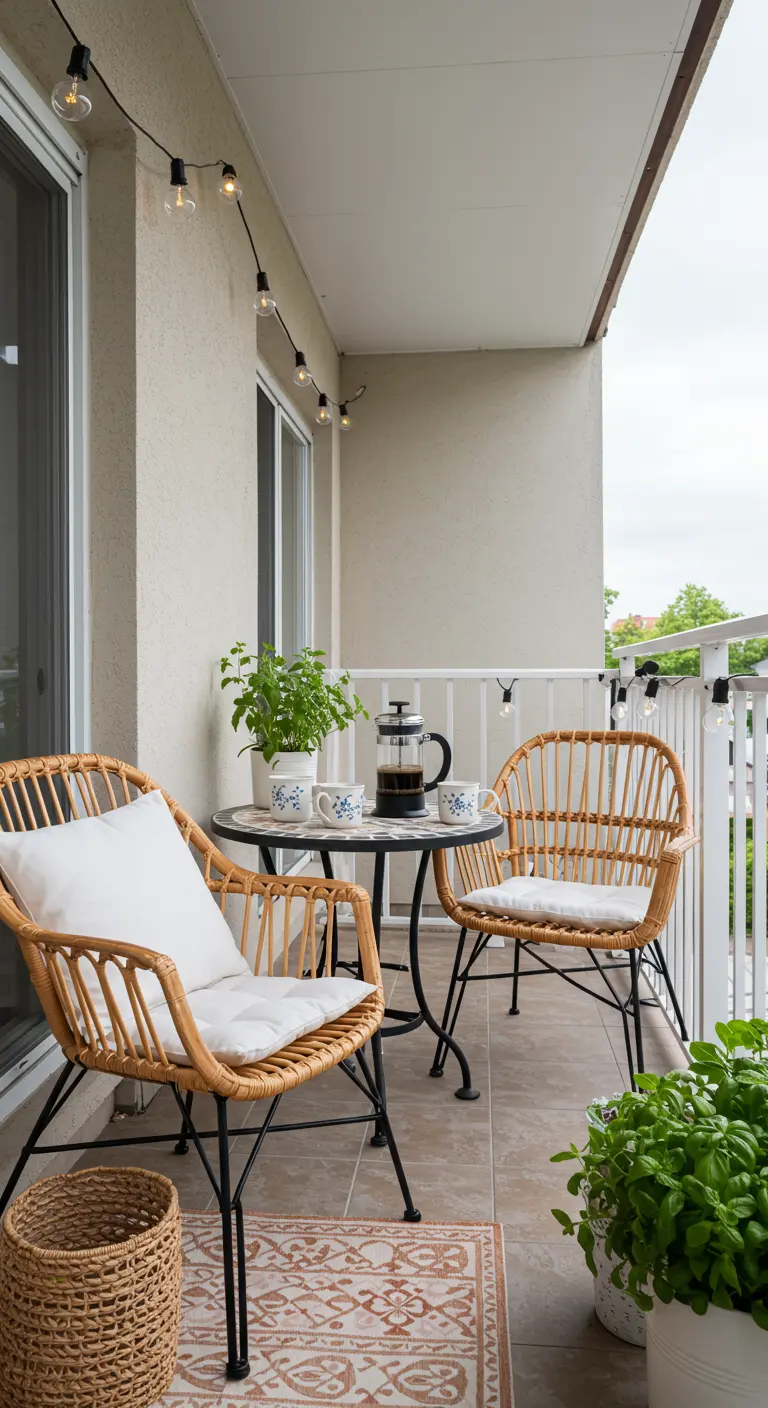 Two rattan chairs and a small bistro table on a balcony with pots of fresh herbs.