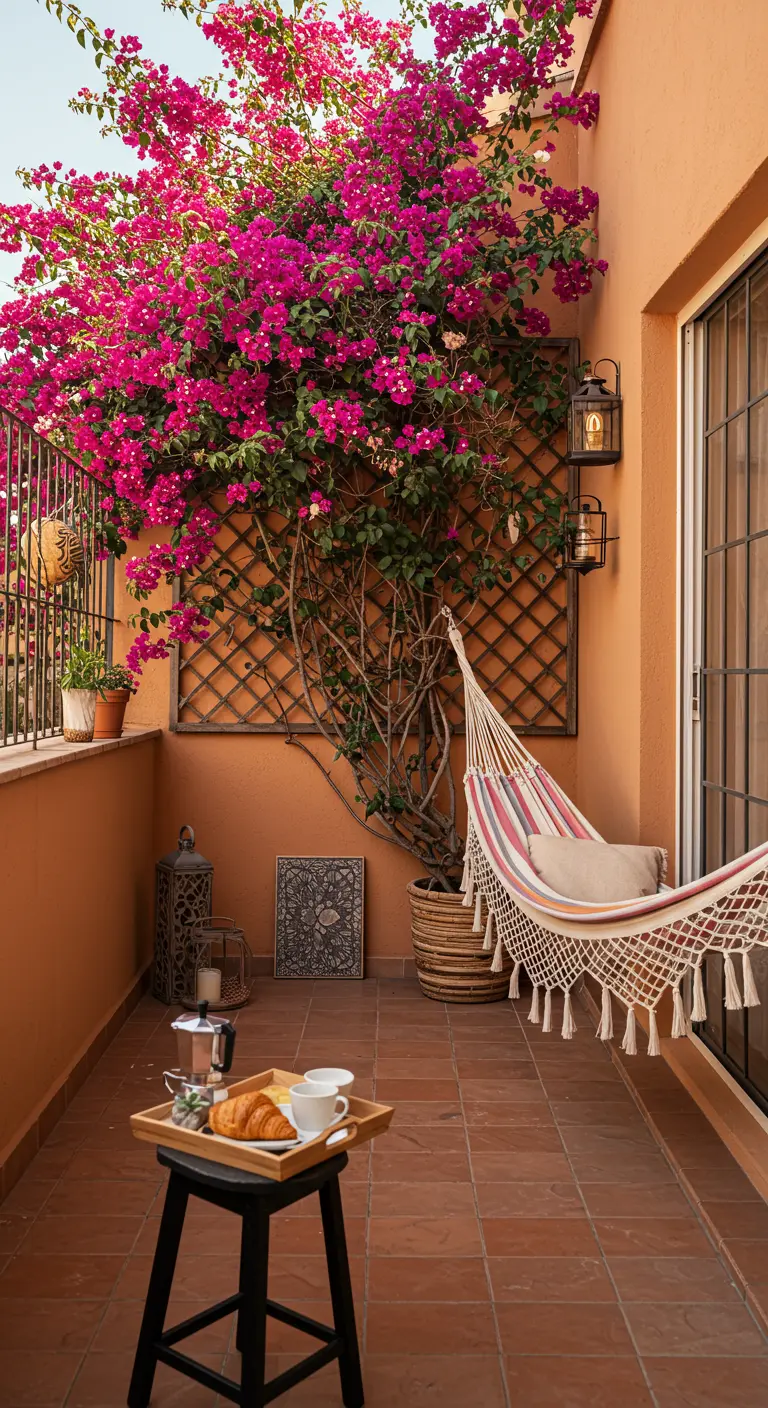 A cozy balcony with a striped hammock and a small stool holding a breakfast tray.