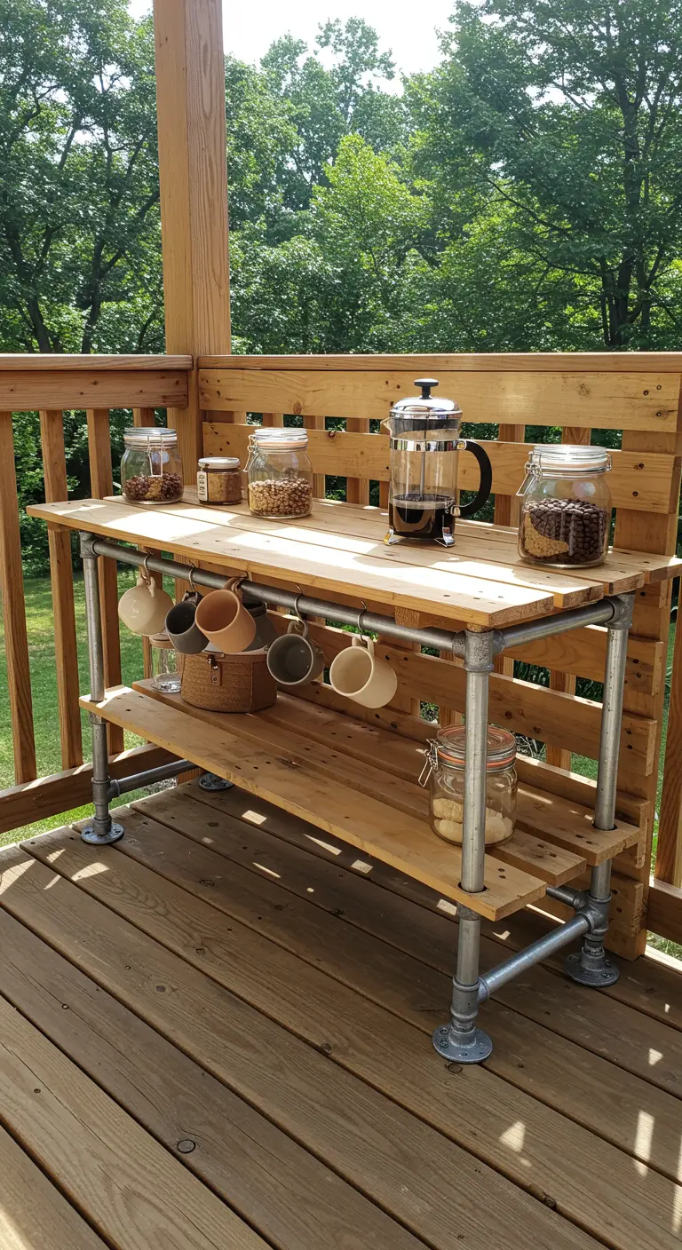 A pallet wood and pipe potting bench set up as an outdoor coffee bar on a wooden deck.