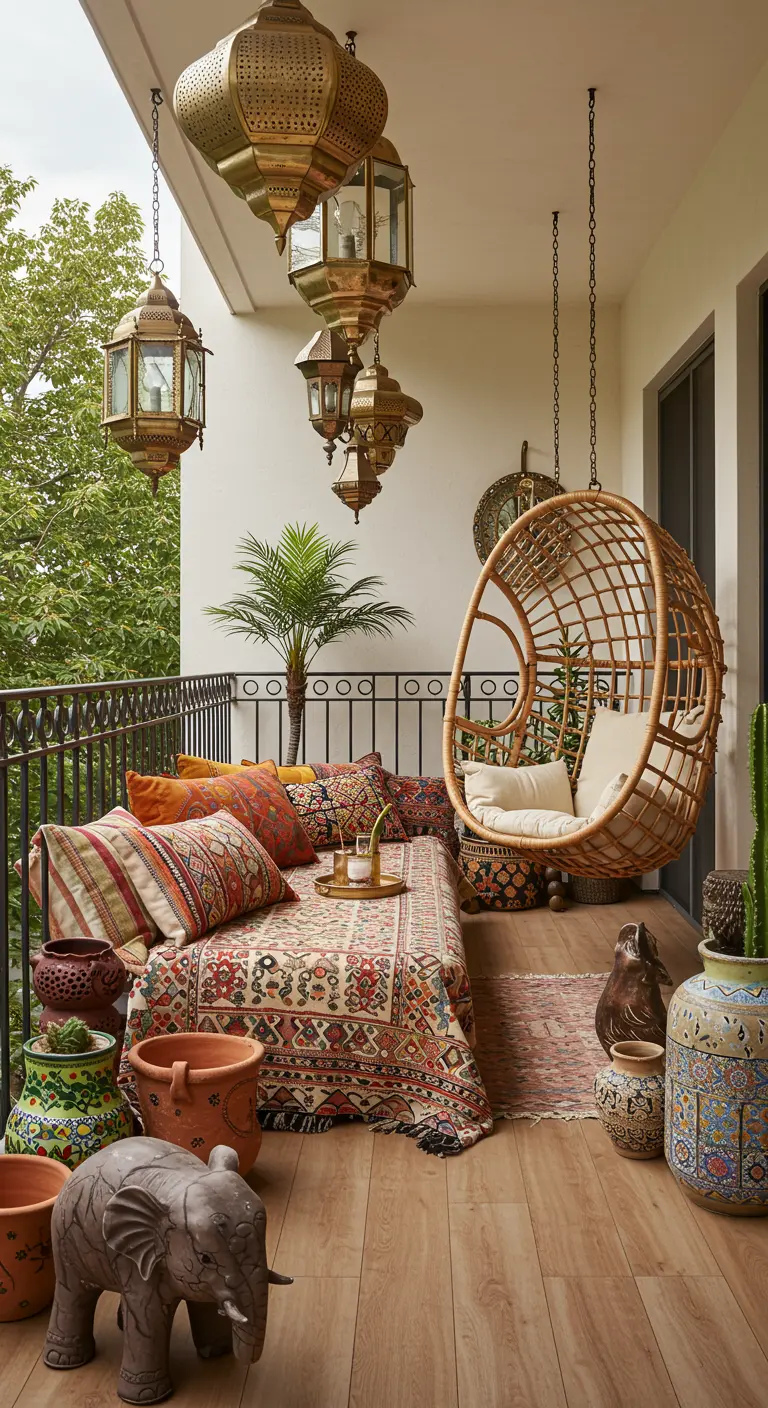 A Moroccan-inspired balcony with a daybed, layered textiles, and hanging brass lanterns.