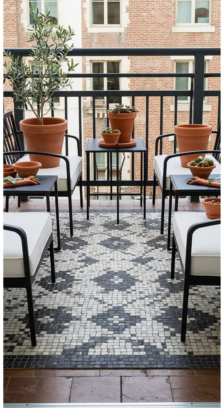Black metal chairs on a black and white mosaic tile floor on a balcony.