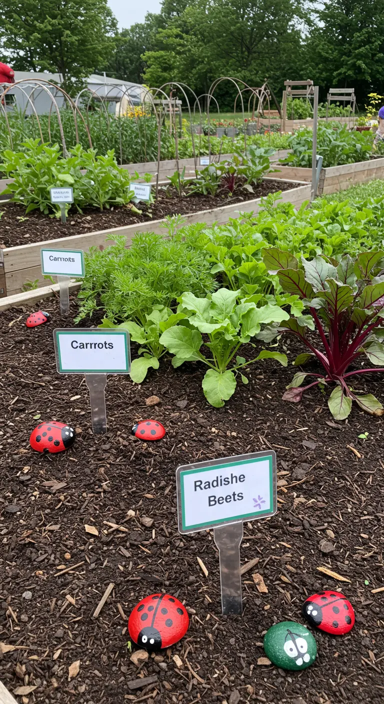 Painted ladybug rocks sitting in a garden bed next to white signs labeling carrots and beets.