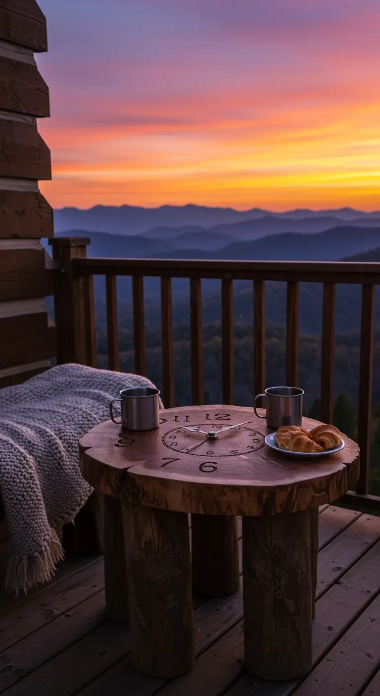 A log slice clock table with log legs on a balcony with a stunning mountain sunset view.