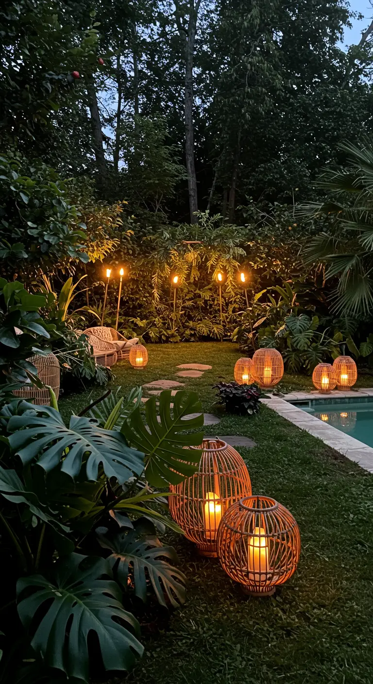 Lush garden path lit with ground-level rattan lanterns and tiki torches at night.