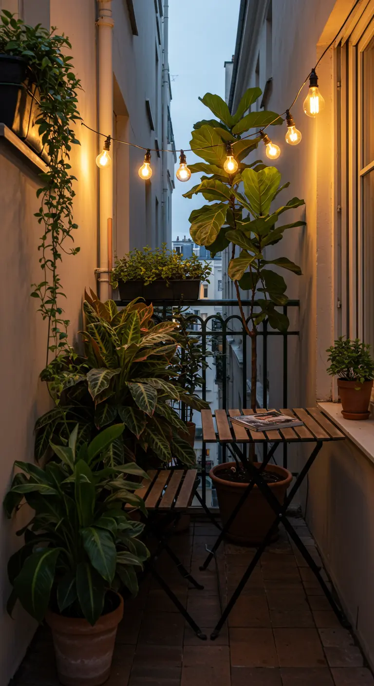 A narrow, cozy balcony at dusk with string lights and lush plants.