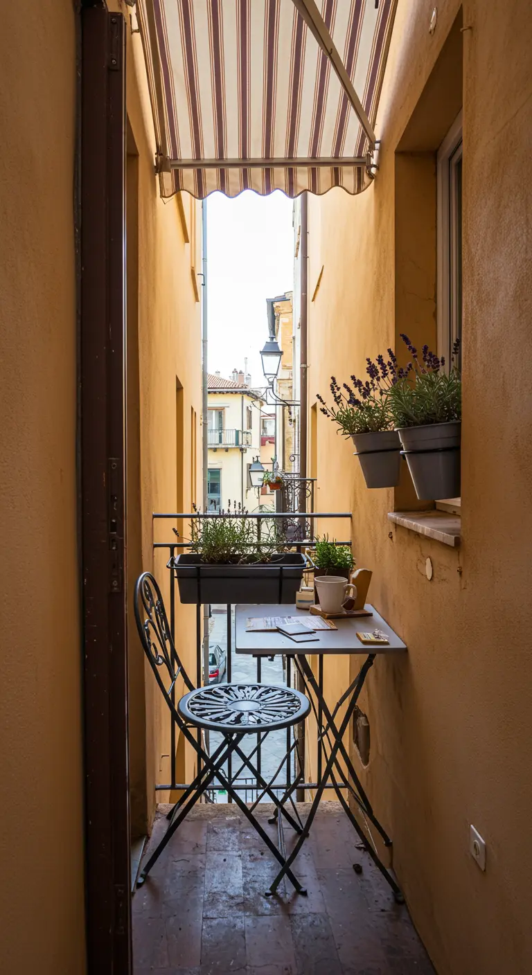 A very narrow balcony with a single chair, a half-table, and wall-mounted planters.