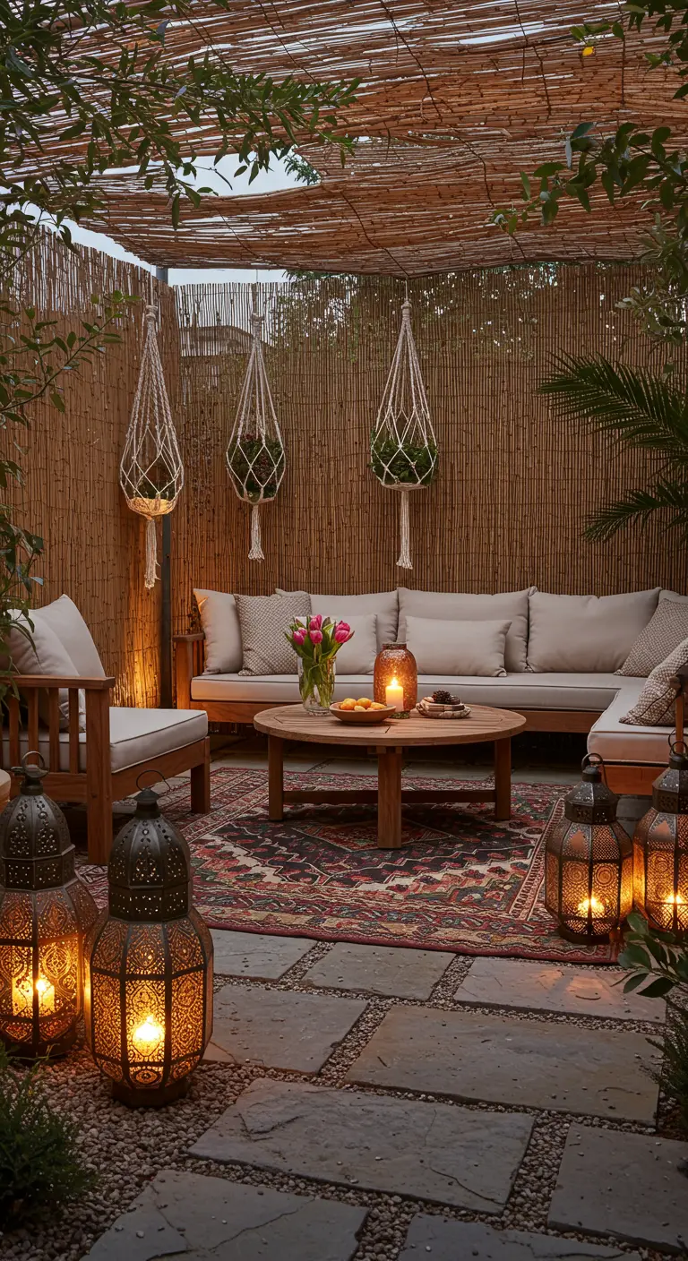 A patio enclosed with a bamboo screen, with a wooden sofa and macrame plant hangers.