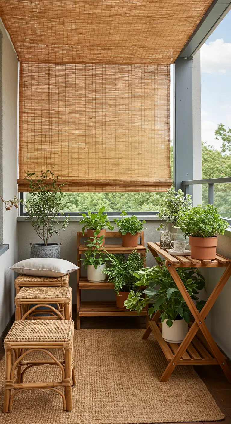 A cozy, plant-filled balcony with rattan stools, a bamboo blind, and a jute rug.