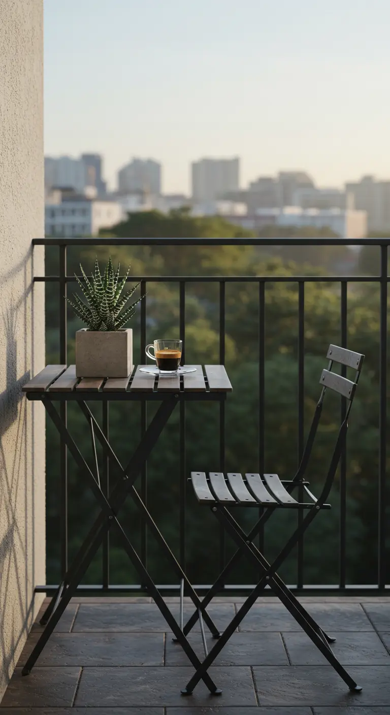 A minimalist bistro set with a wooden top and black metal legs, holding a cup of espresso.