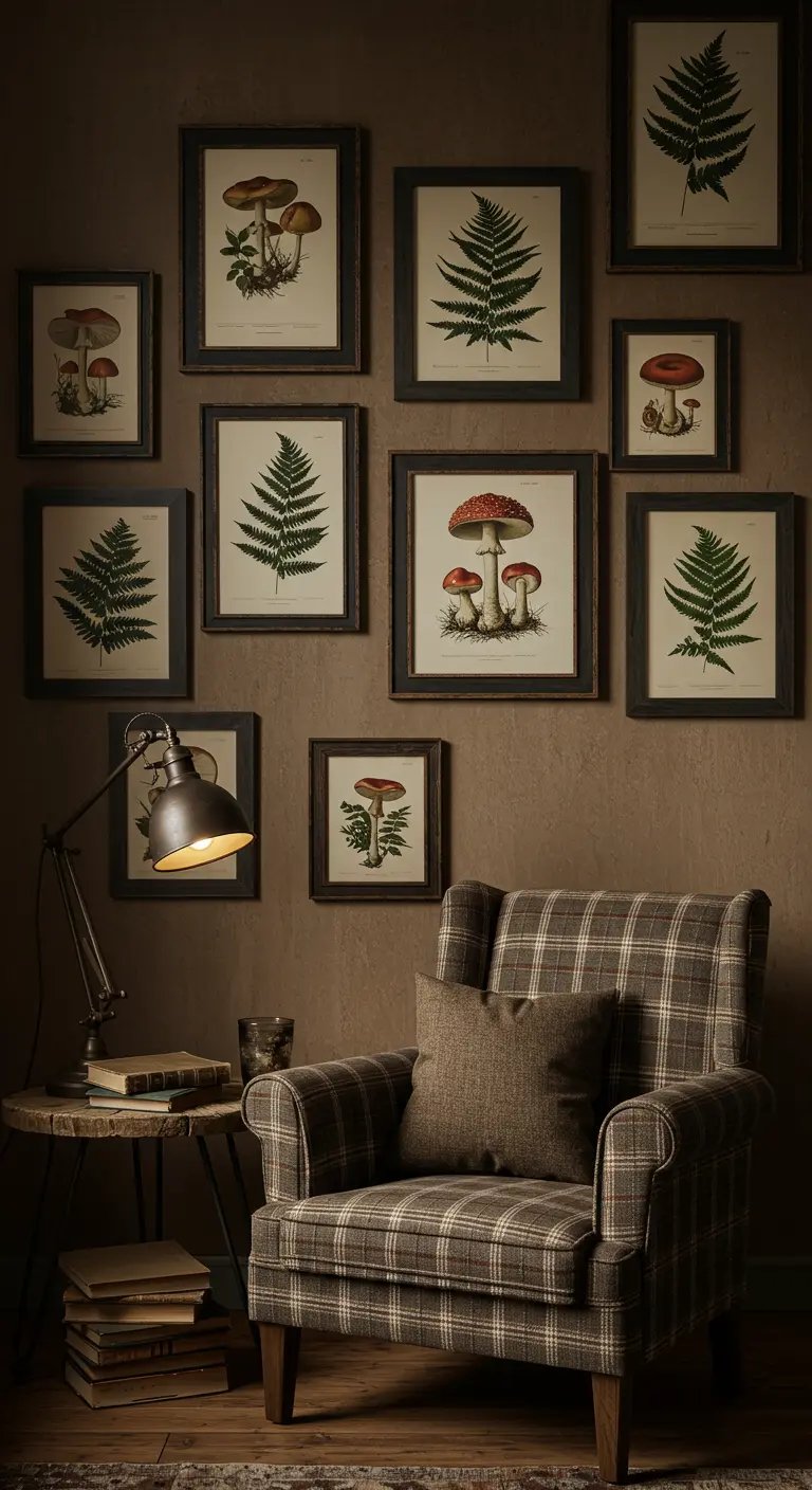 A gallery wall of vintage mushroom and fern illustrations in a cozy study corner.