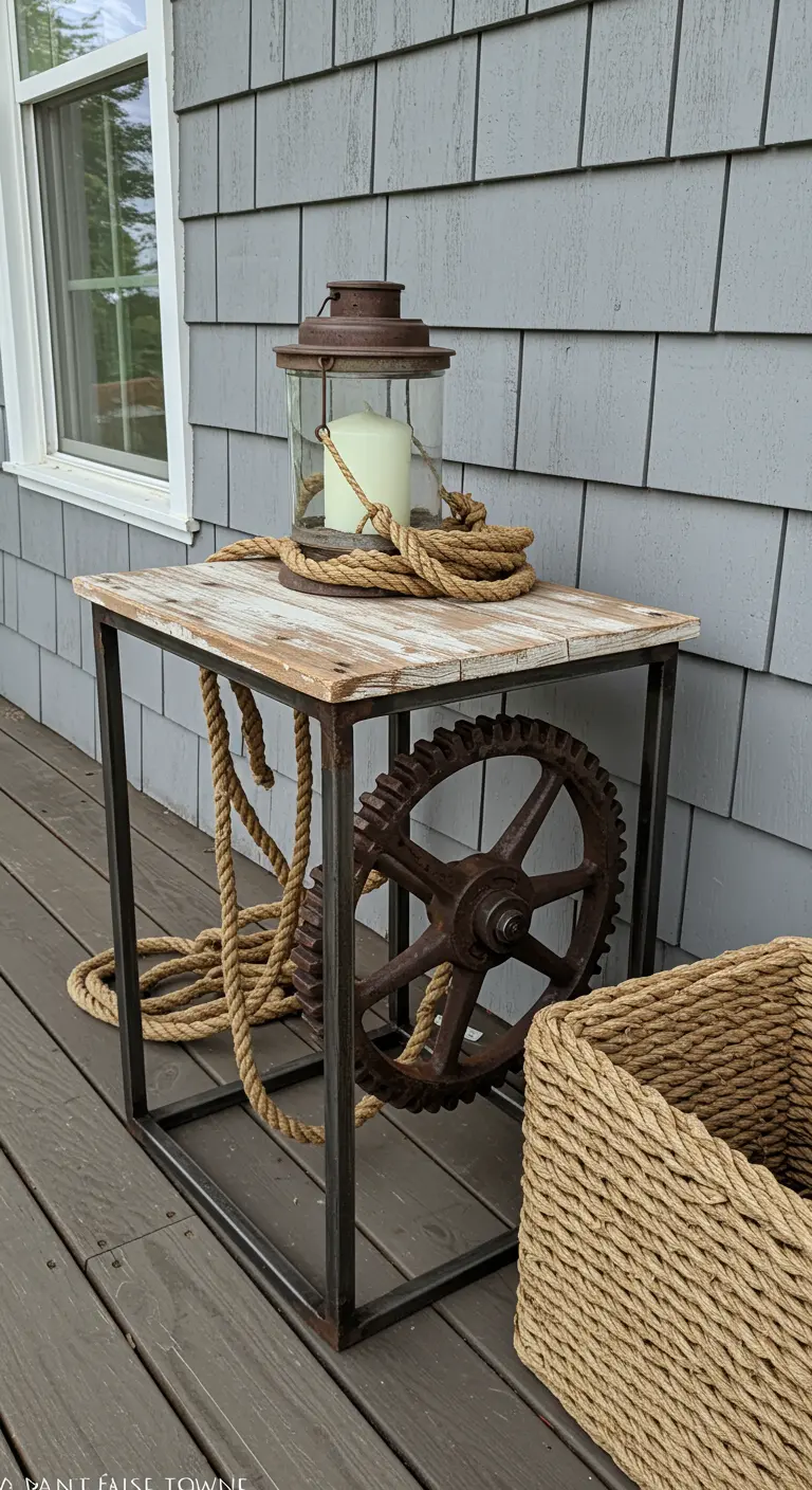 Industrial table with a large rusted gear and thick nautical rope, next to a wicker basket.