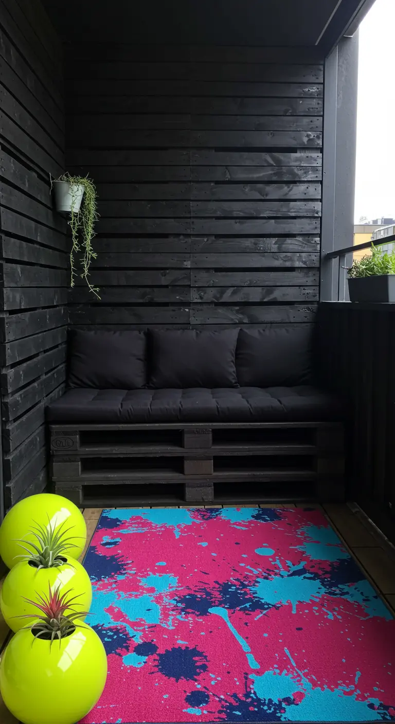 An all-black balcony with a bright pink and blue splatter rug and lime green planters.