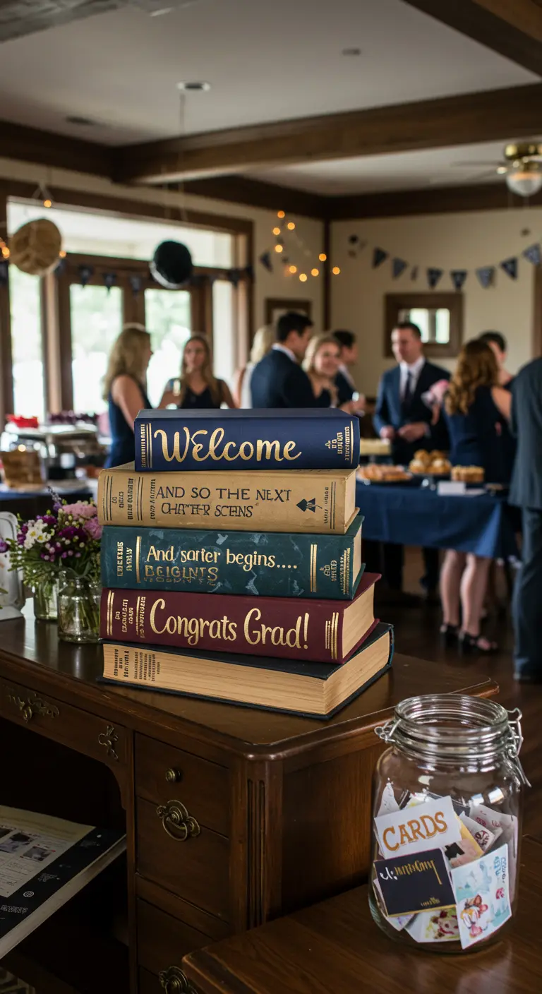 A stack of vintage books with messages like 'Welcome' and 'Congrats Grad!' painted on the spines.