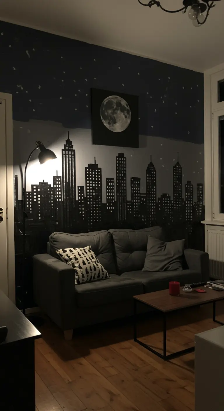 A living room with a full-wall mural of a dark city skyline and a large moon canvas.