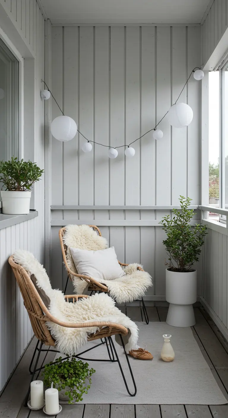 Two rattan chairs with white sheepskin throws on a minimalist balcony with paper lanterns.