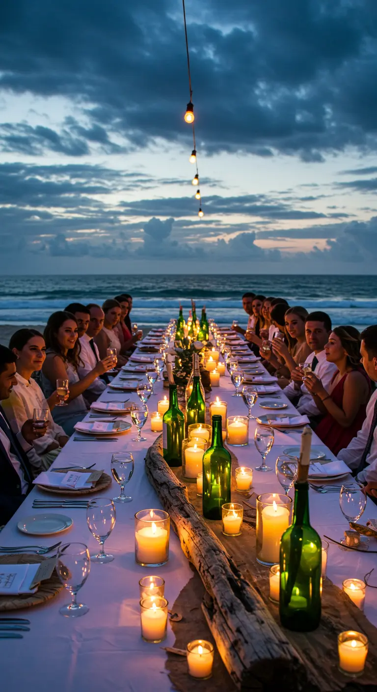 Long driftwood centerpiece with green wine bottle candles on a beach dining table at dusk.