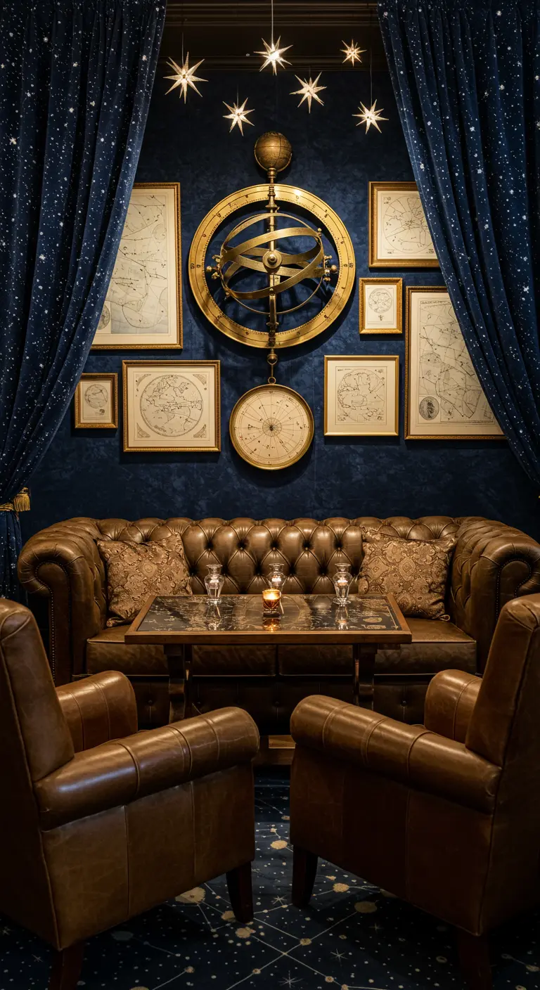 Vintage lounge with a leather sofa, framed star charts, and a brass armillary sphere.