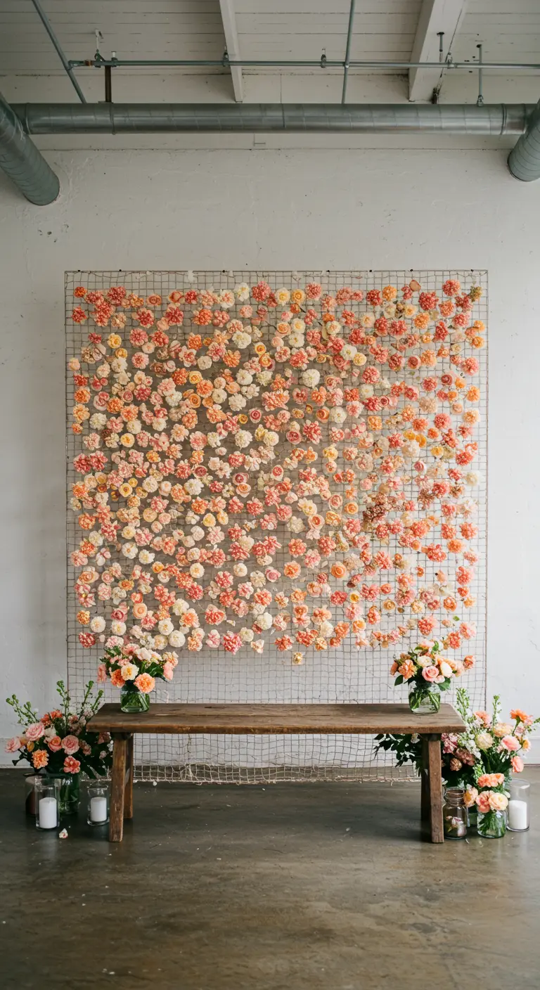 A large flower wall made of pink and orange carnations on a wire grid.