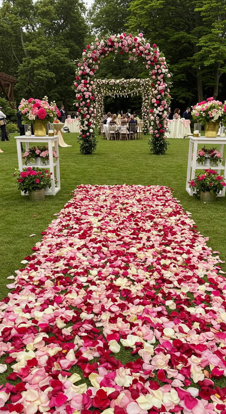 A lush runner of pink, red, and white rose petals creating an ombré effect on a green lawn.