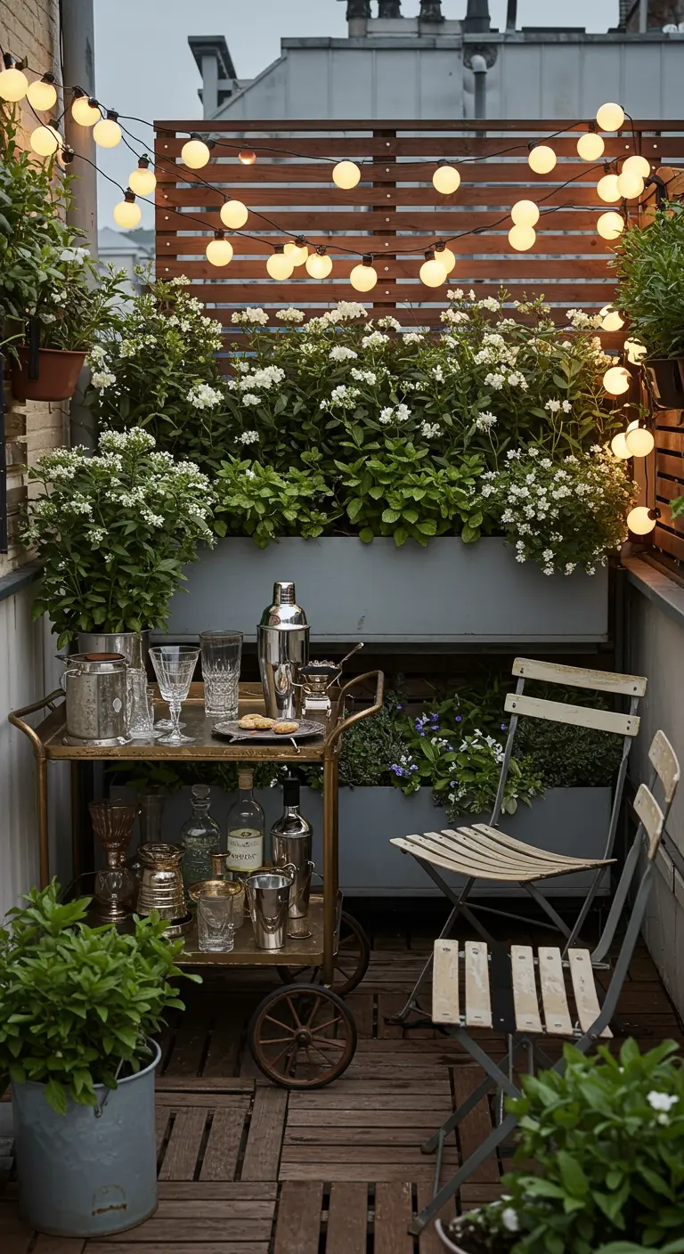 A stylish brass bar cart on a balcony, set up for cocktails in front of lush planters.